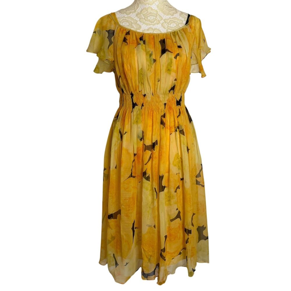 Badgley Mischka Chiffon Dress Smocked Abstract Print Orange S?